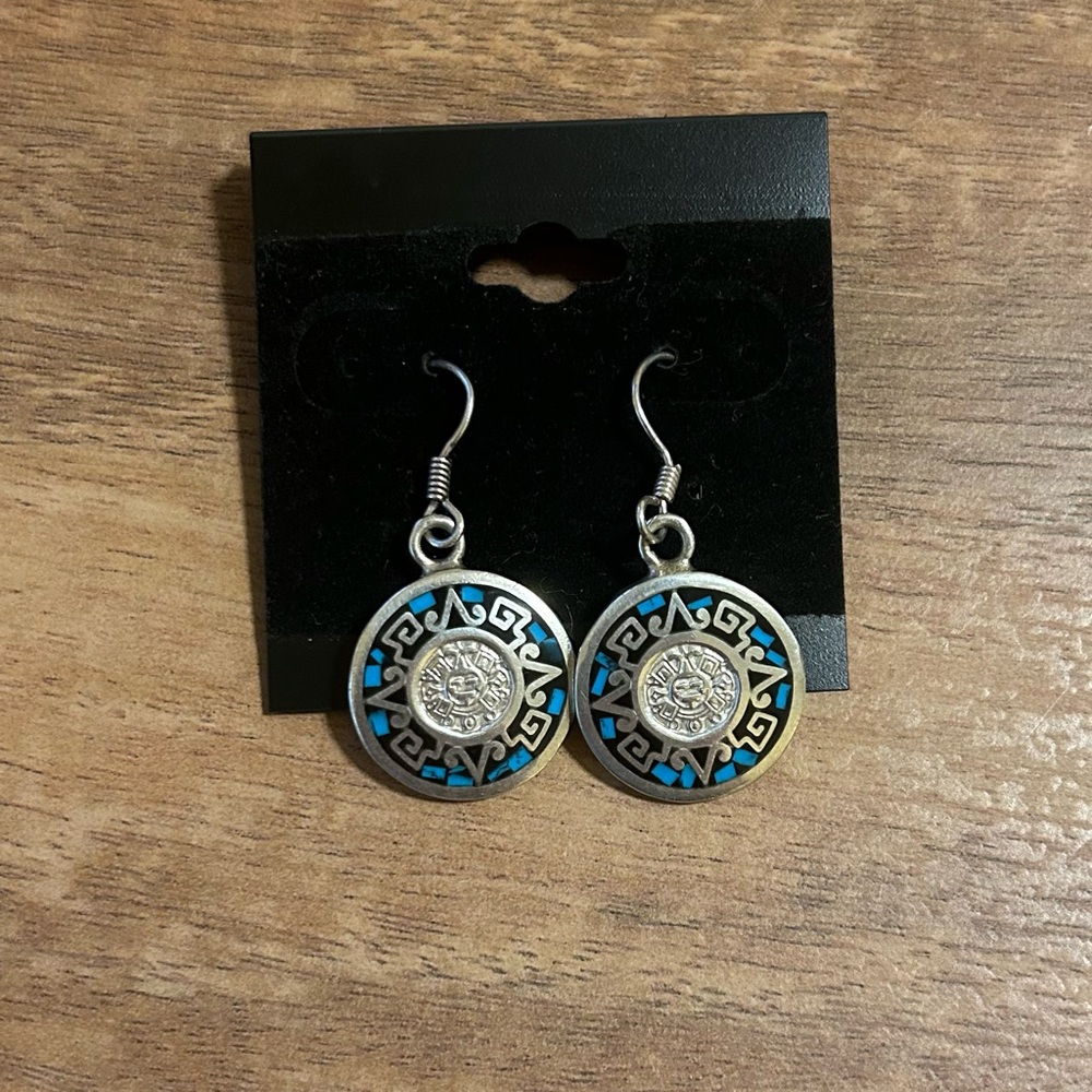 Vintage Mexico 950 Silver Mayan Calendar Earrings with Black and Blue Inlays